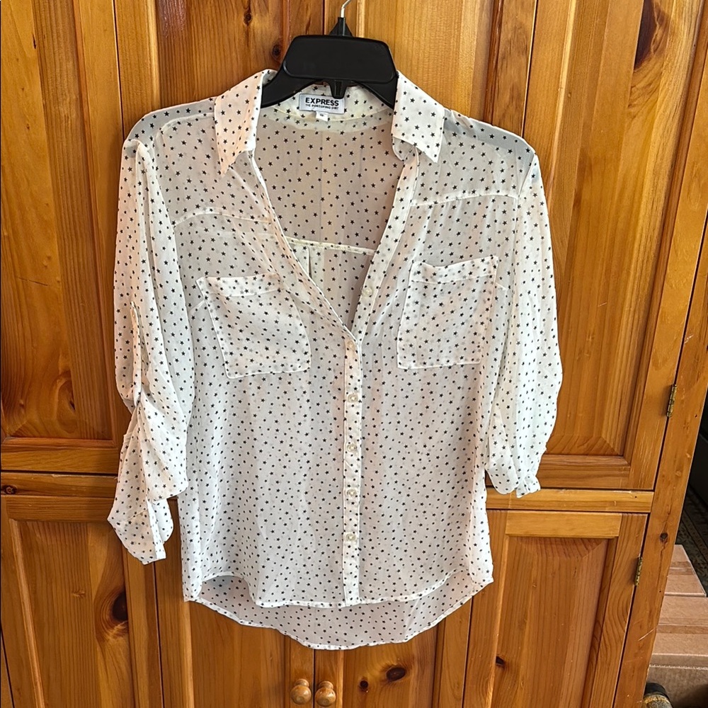 Express Cream Cuffed Sleeve Notched Collar Blouse